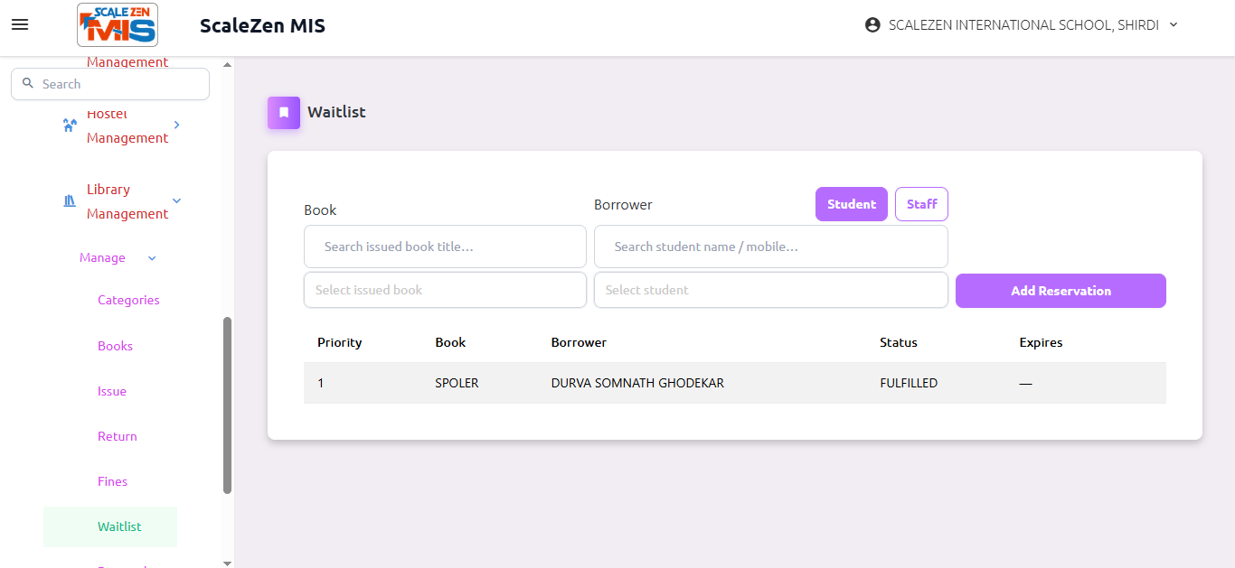 Library Waitlist Screen